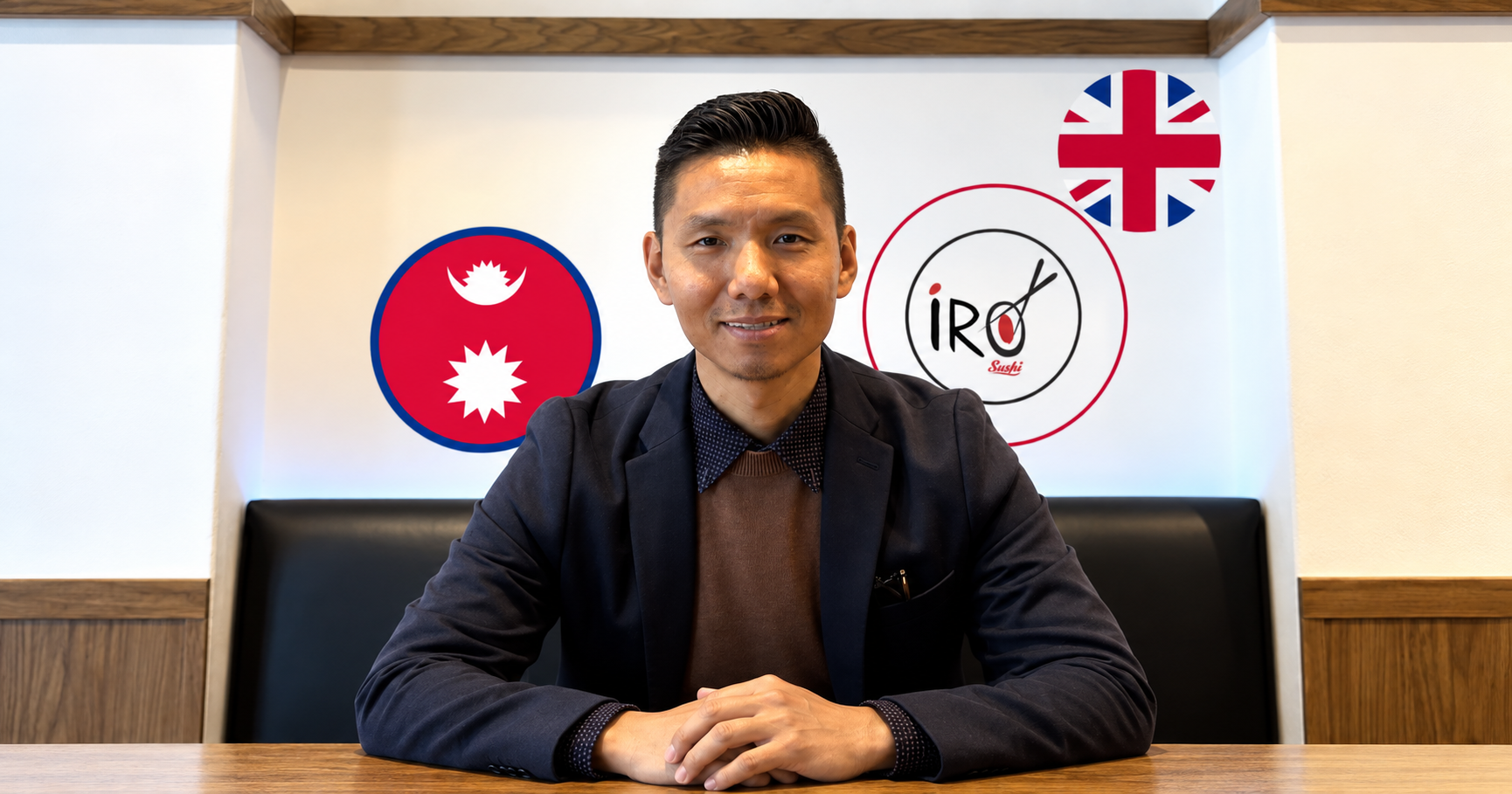 Edited image of Chhong Norbu Sherpa with IRO Sushi branding